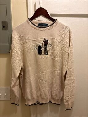 Carmel Men's Cream Golf Embroidered knit Crewneck Sweater size Large